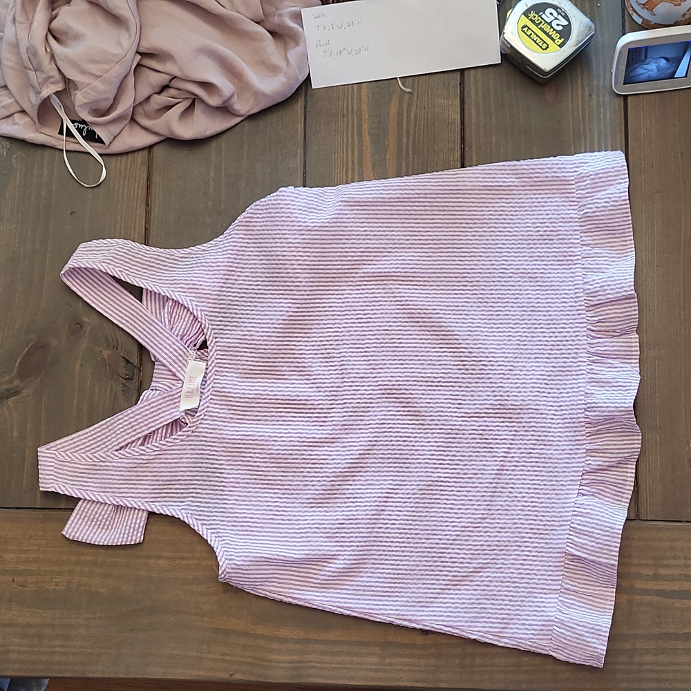 NWOT Purple and White Seersucker Ruffle and Bow Tank Top